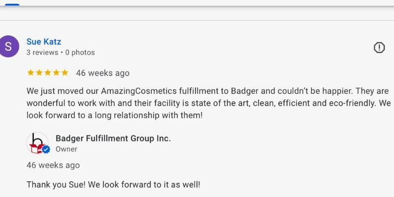 A 5 star review from a cosmetic company about how the best 3pl for their shopify store is Badger