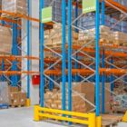 Warehouse shelves in a fulfillment center