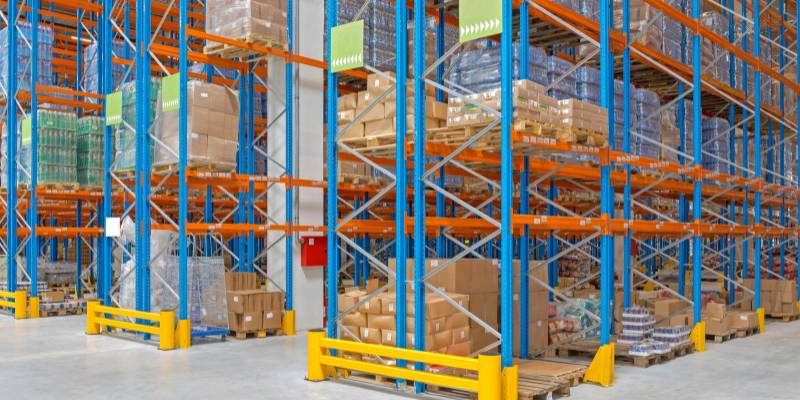 Warehouse shelves in a fulfillment center