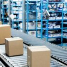 conveyor belt with packages moving smoothly down a line, symbolizing organized and timely shipping