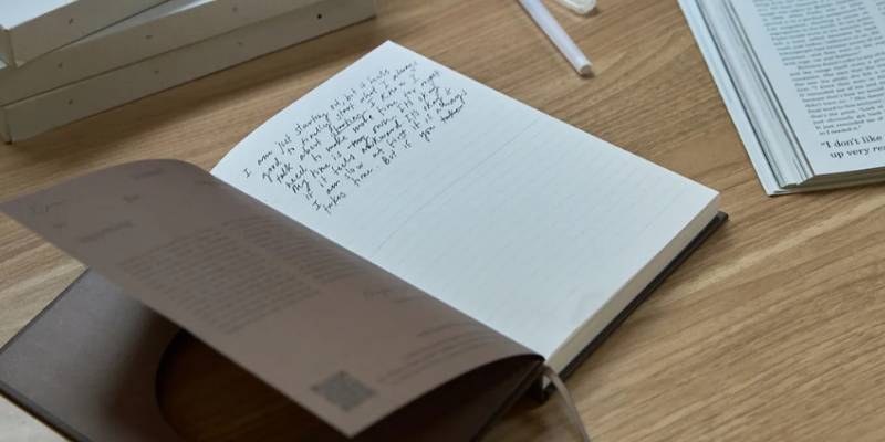 open journal with some writing in it made by wilde house paper